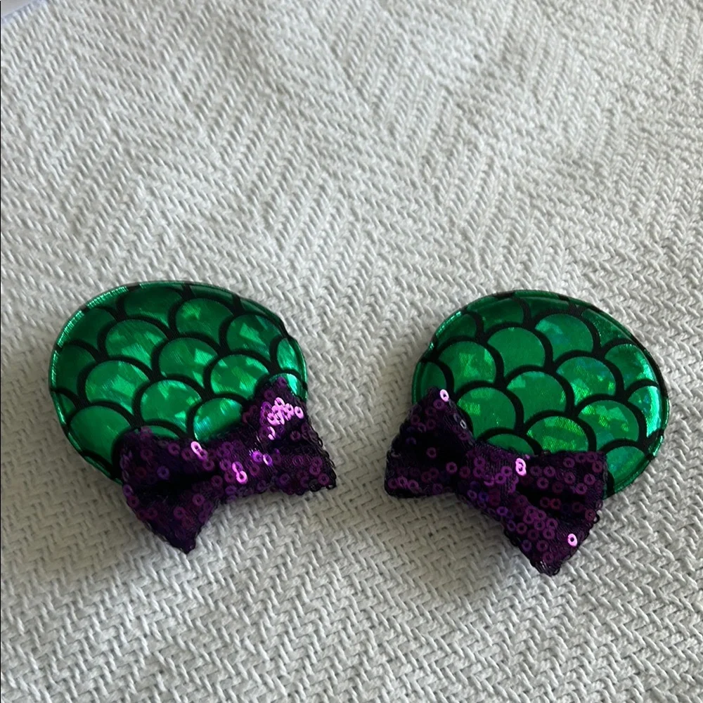 Green Mermaid Scale Mouse Ear Hair Clips with Purple Bows